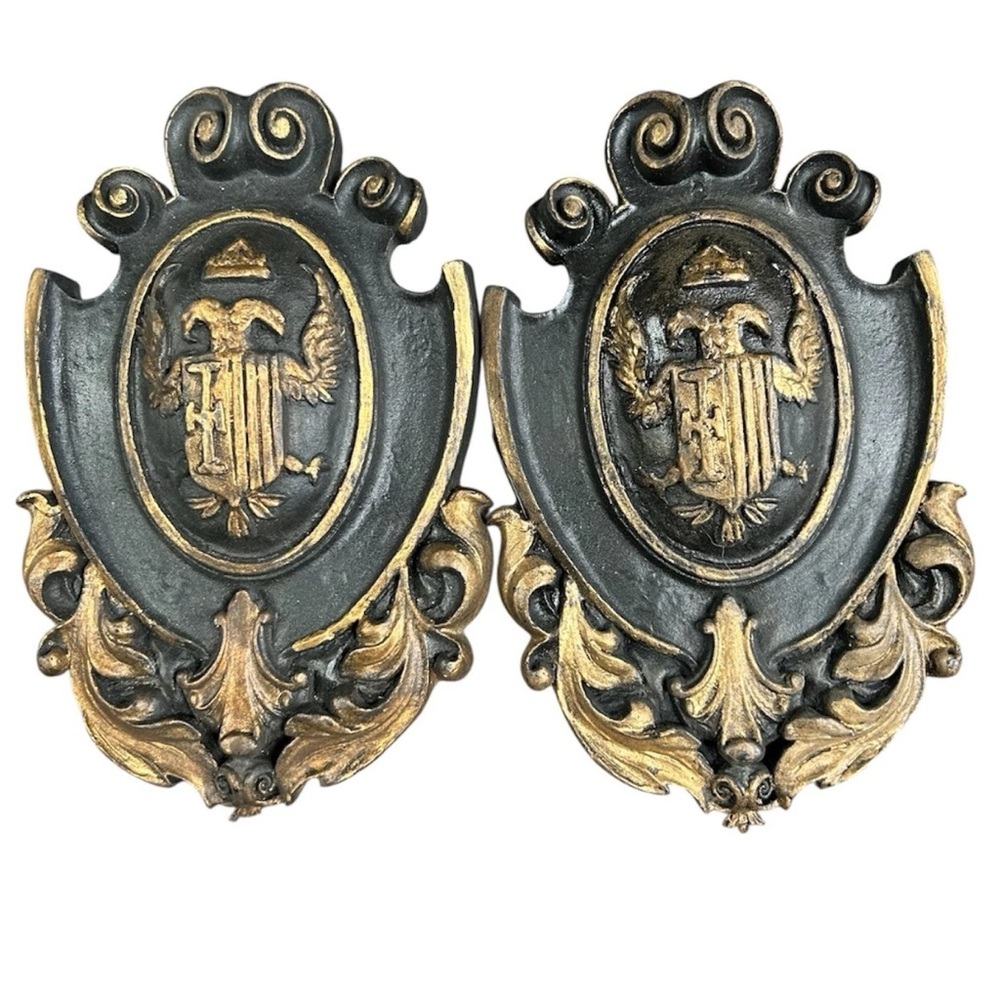 Pair Heraldic Wall Plaques Crown Shield Resin Composite Gothic Style Vintage